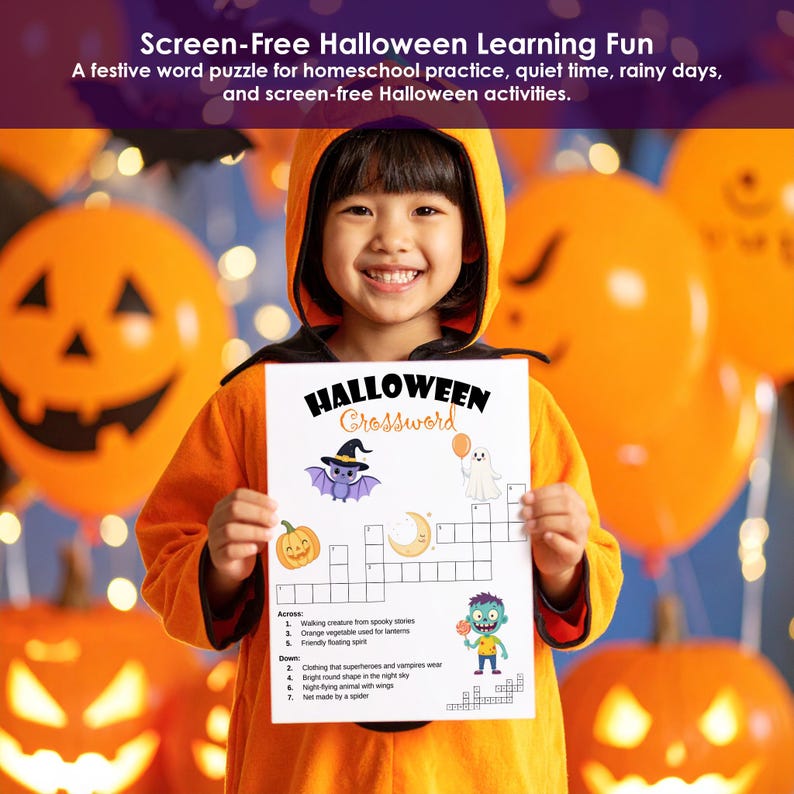 Child in a pumpkin costume holding a printable Halloween crossword puzzle with kid-friendly spooky vocabulary.