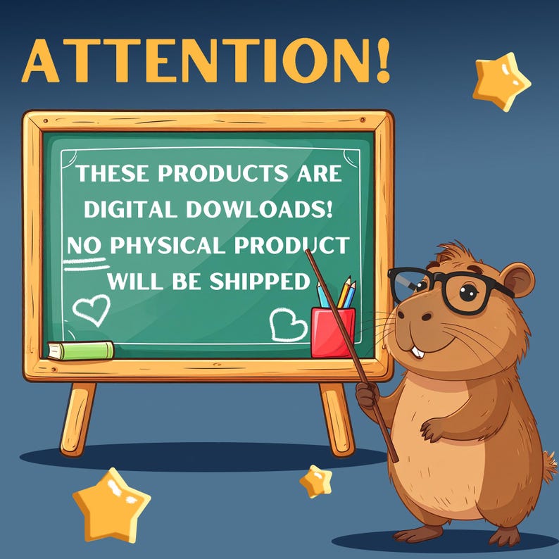 K&ouml;nnte beinhalten: Illustration eines Cartoon-Bibers mit Brille, der auf eine Tafel zeigt. Auf der Tafel steht: "Diese Produkte sind digitale Downloads! Es wird kein physisches Produkt versendet."