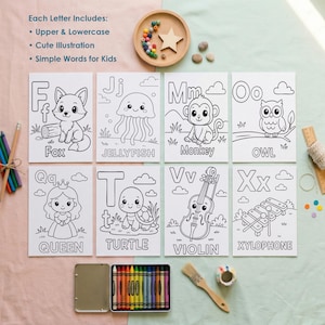 full alphabet coloring pages set A-Z printable worksheets cute animals preschool learning activity