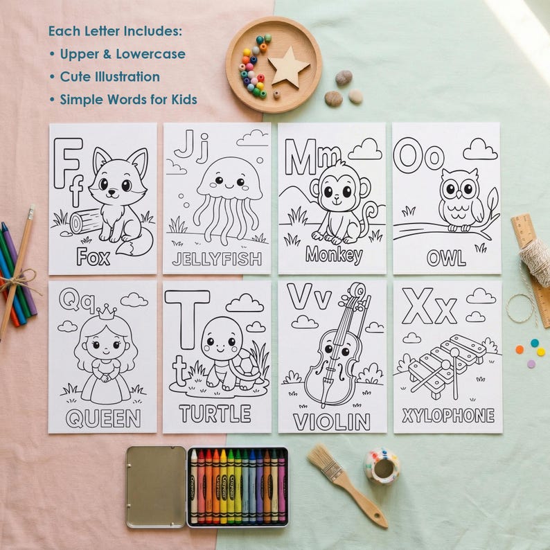 full alphabet coloring pages set A-Z printable worksheets cute animals preschool learning activity
