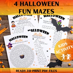 May include: Four Halloween mazes printed on white paper. Each maze features a different character, including a vampire, witch, and goblin. The mazes are surrounded by orange stars and a black bat cutout. Text includes "4 Halloween Fun Mazes" and "Ready to Print PDF Files."