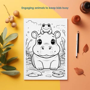 Hippo coloring page for kids, cute animal in water, fun printable coloring activity