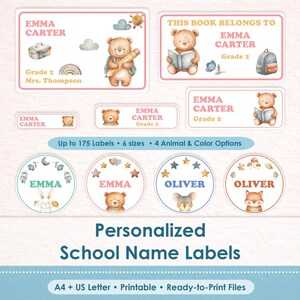 Puede incluir: Una colección de etiquetas escolares personalizadas rectangulares y circulares con ilustraciones en acuarela de osos, un conejo y un zorro. Las etiquetas incluyen los nombres Emma Carter y Oliver, grados escolares y útiles como lápices y libros.