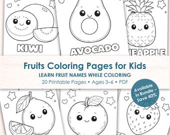 Fruits Coloring Pages Printable for Kids, Learn Fruit Names, Preschool Educational Activity, Toddler Worksheets