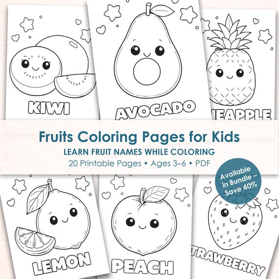 Fruits Coloring Pages Printable for Kids, Learn Fruit Names, Preschool Educational Activity, Toddler Worksheets
