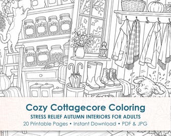 Cottagecore Coloring Pages for Adults, Cozy Autumn Interior Printable Coloring Book, Fall Home PDF