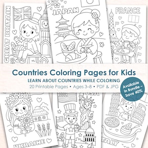Dibujos para colorear de países para niños, libro para colorear del mundo, actividad de geografía imprimible, fichas de trabajo para preescolar.