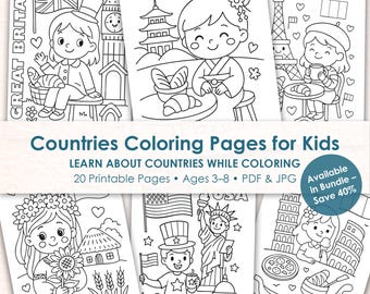 Countries Coloring Pages for Kids, World Coloring Book, Printable Geography Activity, Preschool Worksheets