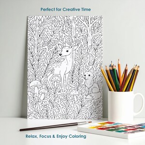 Forest coloring page with deer and fox, detailed nature artwork for relaxing creative activity
