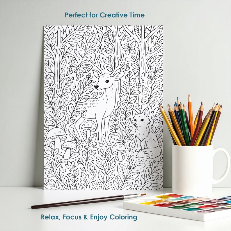 Forest coloring page with deer and fox, detailed nature artwork for relaxing creative activity
