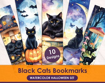 Marque-pages à imprimer Chat Noir, Lot de marque-pages aquarelle Halloween, Cadeau de lecture effrayant pour les amoureux des chats