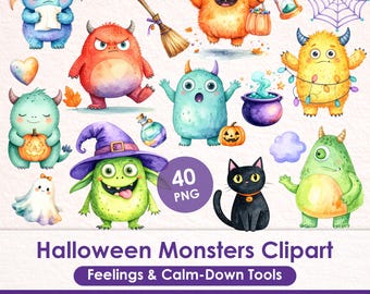 Friendly Halloween Monsters Clipart, Emotions & Calm Down Tools, Watercolor Monster PNG, Spooky Classroom Decor