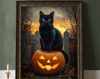 Vintage Halloween Black Cat Poster, Pumpkin Wall Art, Gothic Fall Decor, Matte Halloween Print