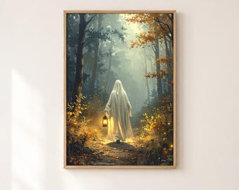 Vintage Halloween Wall Art, Lantern Ghost Print in Autumn Forest, Printable JPG