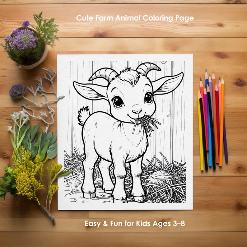 Cute goat coloring page for kids, farm animal printable, easy coloring sheet for preschool and kindergarten