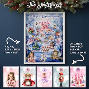 Może przedstawiać: Oprawiony kalendarz adwentowy zatytułowany "25 Days of Christmas Magic" z zimową scenerią i ponumerowanymi drzwiami. Zawiera 25 kart, każda 6x8 cm. Obraz przedstawia również gałązkę choinki.