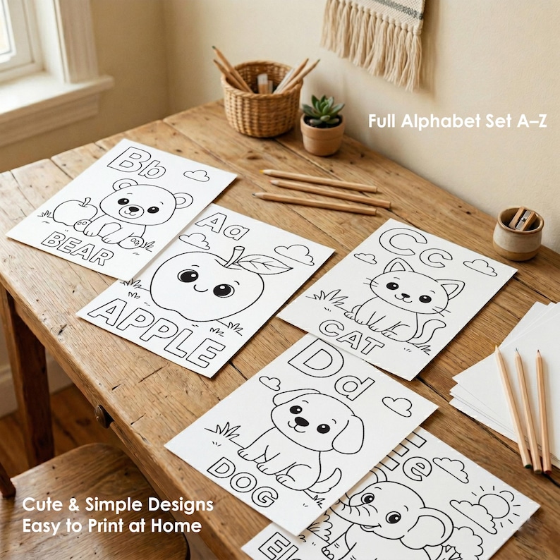 alphabet coloring pages printable set A-Z worksheets kids learning letters homeschool activity sheets