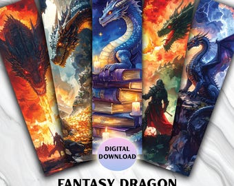 Fantasy Dragon Bookmarks – 10 Printable Mythical Dragon Designs, PNG & A4 Sheets