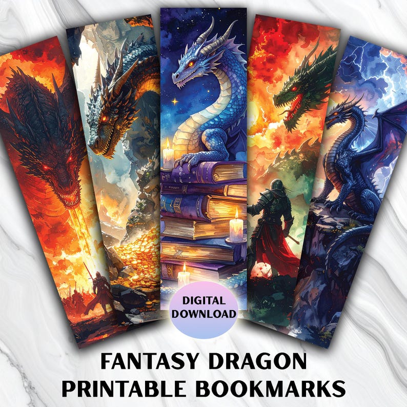 Fantasy Dragon Bookmarks – 10 Printable Mythical Dragon Designs, PNG ...
