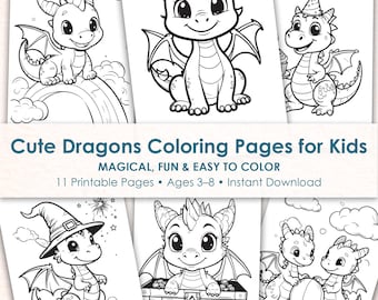 Dibujos para colorear de dragones mágicos para niños, láminas para colorear de dragones kawaii fáciles de imprimir, actividad para niños pequeños.