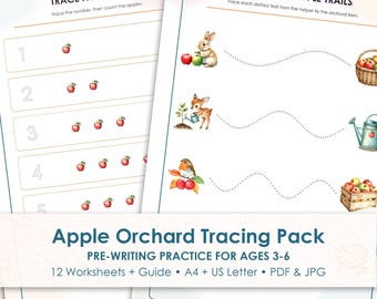 Apple Tracing Worksheets for Preschool, Pre-Writing Practice, Numbers Letters Shapes, Autumn Orchard Activity Pack
