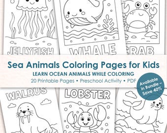 Sea Animals Coloring Pages for Kids, Ocean Coloring Book Printable, Preschool Educational Activity