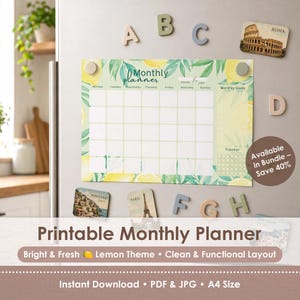 Printable Monthly Planner Lemon Theme, A4 Minimal Calendar Planner Page, Home Office Organizer