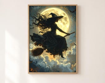 Vintage Halloween Witch Wall Art, Flying Witch Moon Print, Gothic Printable Decor