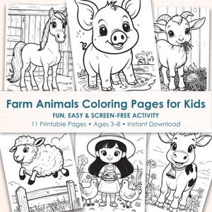 Farm animals coloring pages for kids, printable PDF JPG, 11 pages, cute farm animal coloring activity ages 3-8