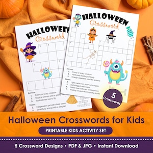 Five Halloween crossword puzzles for kids, printable PDF and JPG activity set with cute spooky characters.