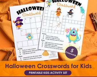 Halloween Crossword for Kids, 5 Printable Halloween Word Puzzles, Classroom Worksheet, Party Activity, PDF & JPG