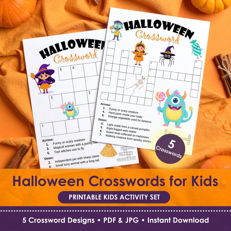 Five Halloween crossword puzzles for kids, printable PDF and JPG activity set with cute spooky characters.