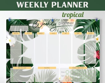 Tropical Monstera Weekly Planner | Printable A4 + US Letter PDF | Realistic Leaves & Flowers