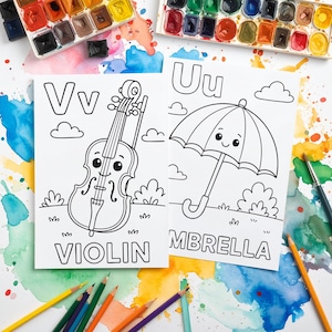 Two coloring pages with the letters Vv and Uu. The Vv page features a cartoon violin with the word "VIOLIN" below. The Uu page shows a cartoon umbrella with the word "MBRELLA". Watercolor paints and colored pencils are in the background.