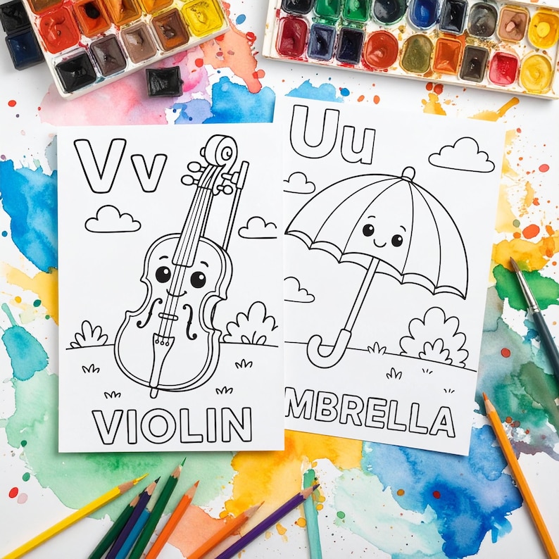 Two coloring pages with the letters Vv and Uu. The Vv page features a cartoon violin with the word "VIOLIN" below. The Uu page shows a cartoon umbrella with the word "MBRELLA". Watercolor paints and colored pencils are in the background.