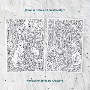 Detailed forest coloring pages with fox, rabbit and owl, clean line art printable for relaxing coloring