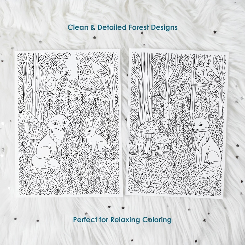 Detailed forest coloring pages with fox, rabbit and owl, clean line art printable for relaxing coloring