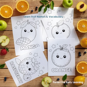 fruit coloring pages with mango orange apple, printable preschool worksheets, learn fruits activity