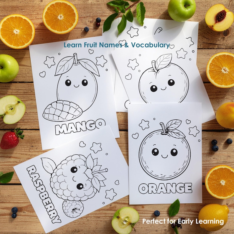 fruit coloring pages with mango orange apple, printable preschool worksheets, learn fruits activity