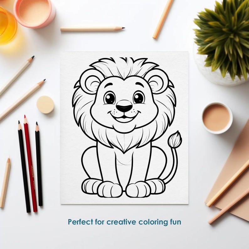 Lion coloring page for kids, cute animal printable, easy coloring activity for preschool