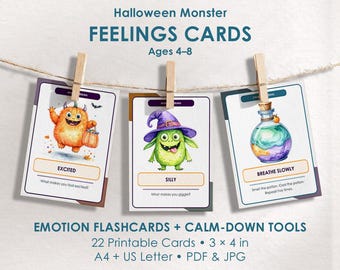 Feelings Flashcards for Kids, Halloween Monster Emotion Cards & Calm Down Strategies, Printable SEL Classroom