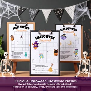 Three Halloween crossword worksheets displayed on clipboards for classroom, homeschool and party activities.