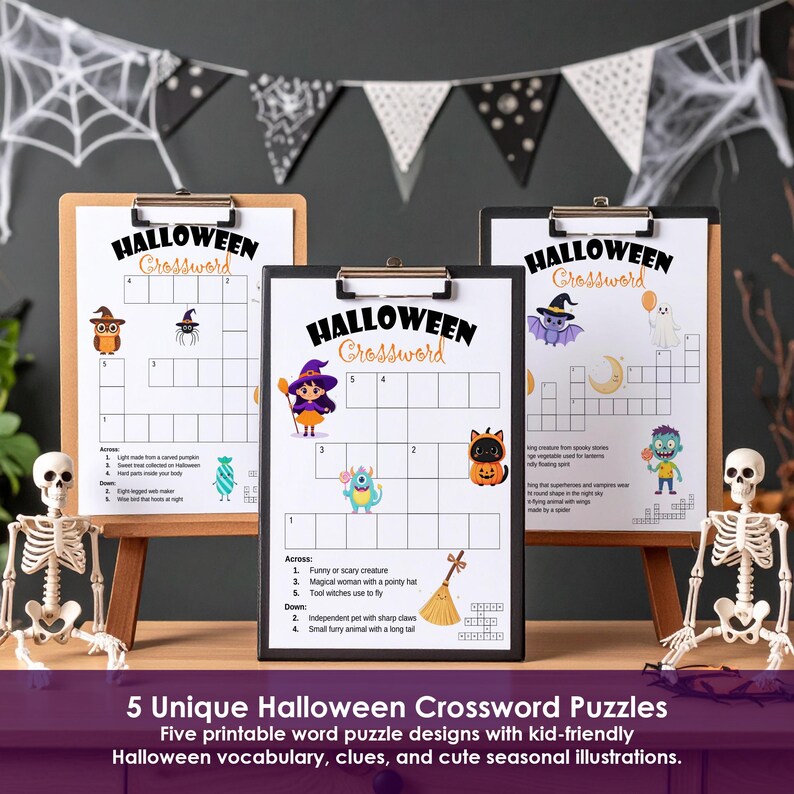 Three Halloween crossword worksheets displayed on clipboards for classroom, homeschool and party activities.