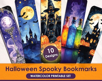 Halloween-Lesezeichen-Set zum Ausdrucken (Aquarell), gruseliges Geschenk für Bücherliebhaber, Lesezeichen mit Hexe, Katze und Fledermaus