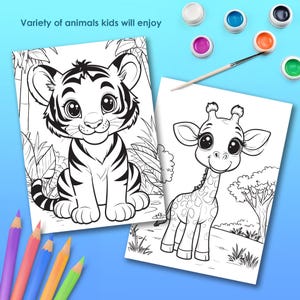 Zoo animals coloring pages set preview, tiger and giraffe printable pages for kids