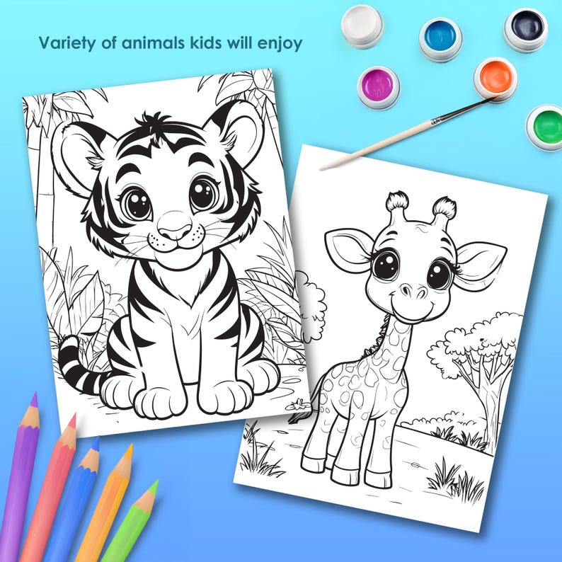 Zoo animals coloring pages set preview, tiger and giraffe printable pages for kids