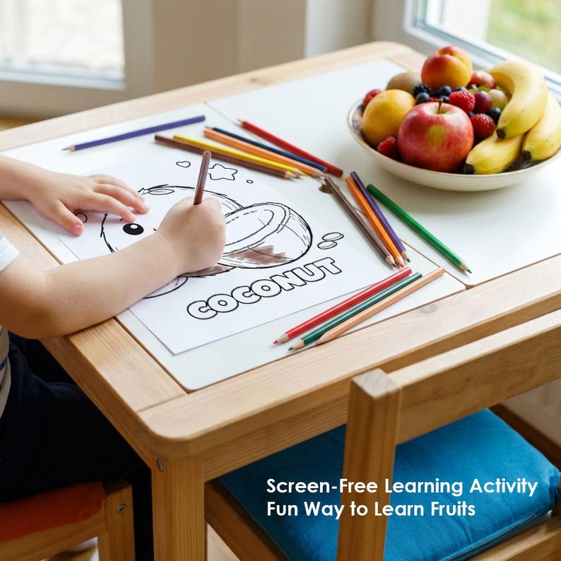 child coloring coconut worksheet, fruit coloring printable for kids, educational activity for toddlers