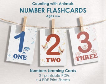 Number Flashcards for Kids 0-20 Printable, Animal Counting Cards, Preschool Math Learning, Montessori Activity