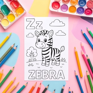 A coloring page featuring a cartoon zebra with the letter "Z" and the word "ZEBRA". The image is surrounded by colorful pencils and watercolor paints, suggesting a creative activity for children. The background is pink.