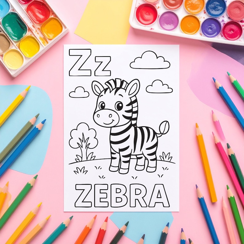 A coloring page featuring a cartoon zebra with the letter "Z" and the word "ZEBRA". The image is surrounded by colorful pencils and watercolor paints, suggesting a creative activity for children. The background is pink.